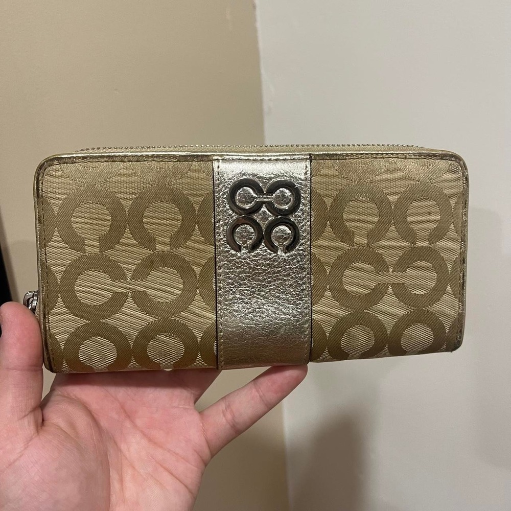 Y2K 2000s gold Optic Signature C Monogram Coach Long Zip Wallet